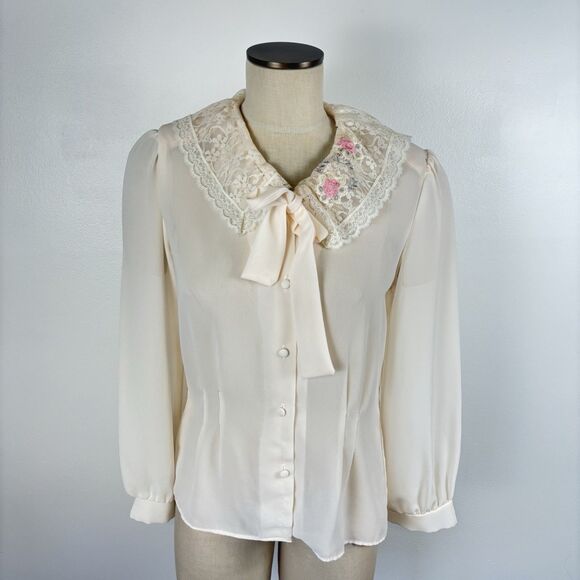 VTG 80's 90's Daniela Lace Collar Cottagecore Prairie Top Blouse SZ Medium Ivory - Picture 12 of 16